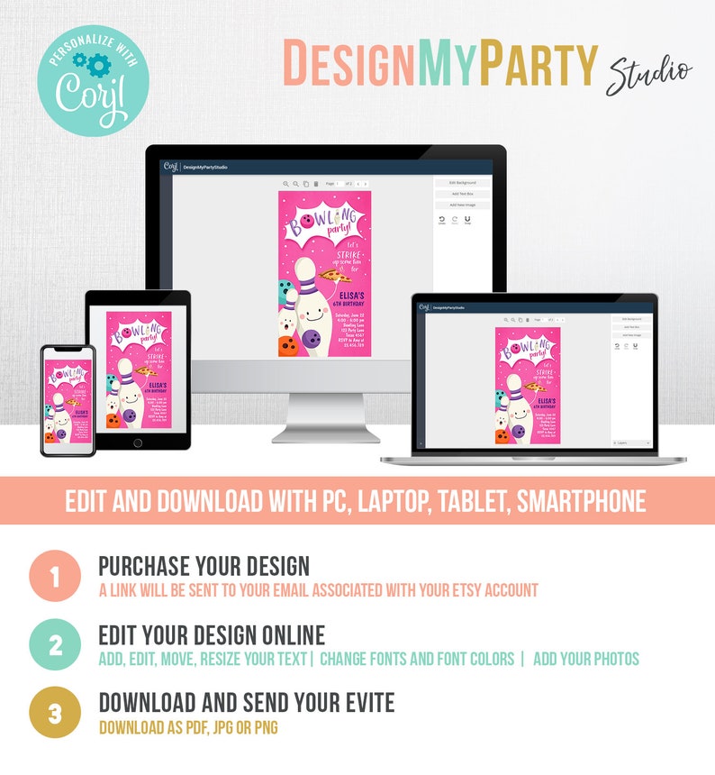 Editable Bowling Birthday Evite Strike Up Some Fun Girl Bowling Party Pizza Pink Download Phone Invitation Digital Template Corjl 0324 image 4