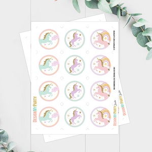 Adornos para cupcakes de unicornio, decoración para fiesta de cumpleaños de unicornio, unicornio mágico pastel, fiesta de niña, arcoíris, descarga instantánea, digital, imprimible, 0426 imagen 3