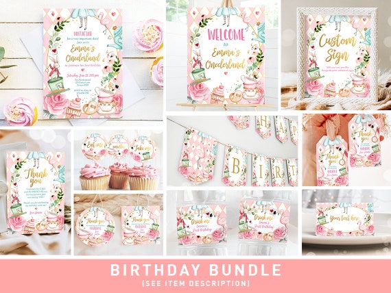 Alice in Onederland Birthday Invitation Bundle Alice in Wonderland Party Birthday Pink Girl Package 1st First Printable Corjl Template 0350 Il_570xn