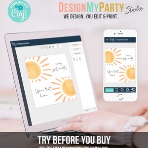 May include: A computer screen displaying a design template for a sun-themed card with the text "Your text here" and "My text here". The design is being edited in a program called "Cori!" and "DesignMyParty Studio".