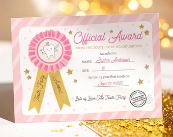 Bewerkbare tandenfee certificaat verloren tand eerste tand cadeau fee opmerking meisje prijsfee ontvangstbewijs digitale sjabloon afdrukbare 0526