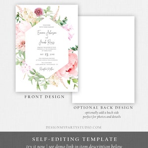 Editable Botanical Flowers Wedding Invitation Suite Set Watercolor Peony Pink Floral RSVP Details Boho Digital Corjl Template Printable 0167 image 6