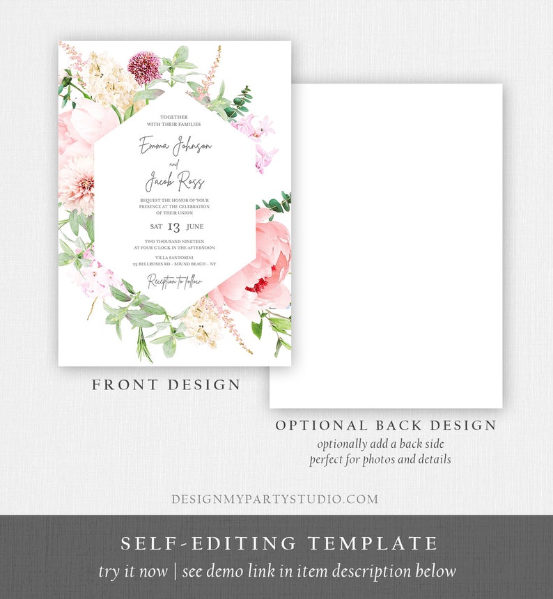 Editable Botanical Flowers Wedding Invitation Suite Set Watercolor Peony Pink Floral RSVP Details Boho Digital Corjl Template Printable 0167 image 6