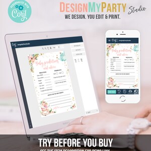 Puede incluir: Una pantalla digital que muestra un juego de baby shower imprimible con un dise&ntilde;o floral rosa y dorado. El juego se titula "Predicciones y consejos para beb&eacute;s". La pantalla est&aacute; en una computadora port&aacute;til con el texto "Prueba antes de comprar" y "Ver la descripci&oacute;n del art&iacute;culo para el enlace de demostraci&oacute;n" debajo de la pantalla.