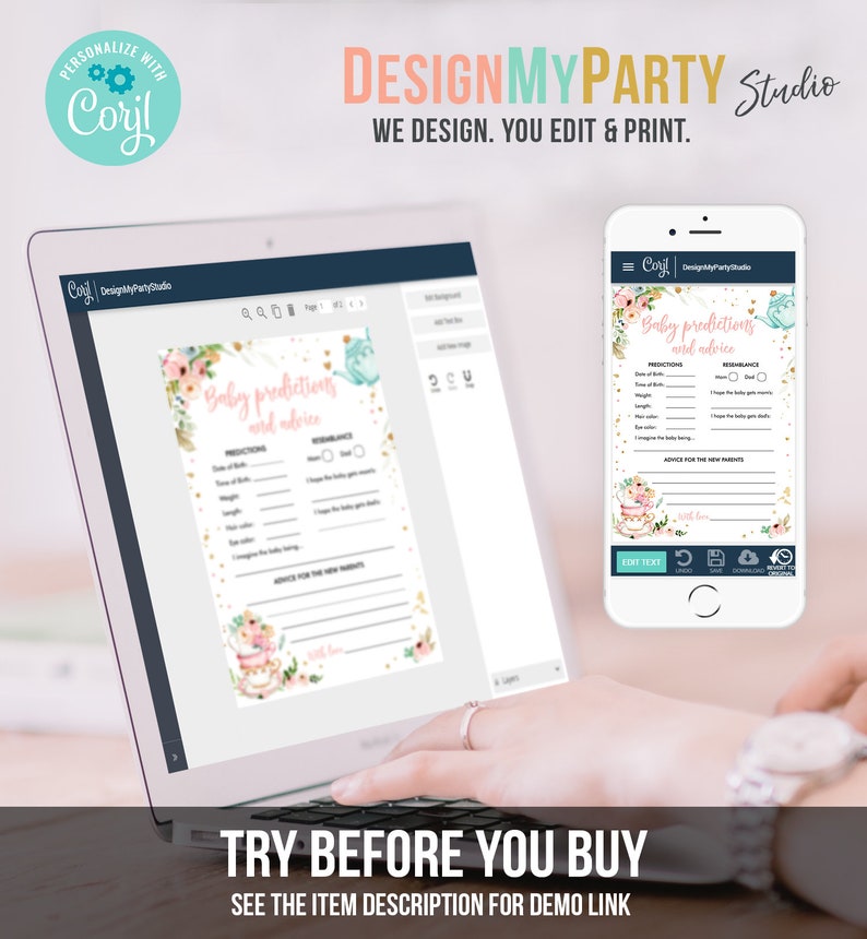 Puede incluir: Una pantalla digital que muestra un juego de baby shower imprimible con un dise&ntilde;o floral rosa y dorado. El juego se titula "Predicciones y consejos para beb&eacute;s". La pantalla est&aacute; en una computadora port&aacute;til con el texto "Prueba antes de comprar" y "Ver la descripci&oacute;n del art&iacute;culo para el enlace de demostraci&oacute;n" debajo de la pantalla.