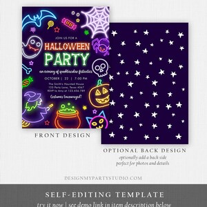 May include: Halloween party invitation with a neon design. The front features a bat, ghost, spiderweb, candy, skull, pumpkin, witch, cauldron, and cat. The back has white stars on a dark purple background. Text includes "Halloween Party" and event details.