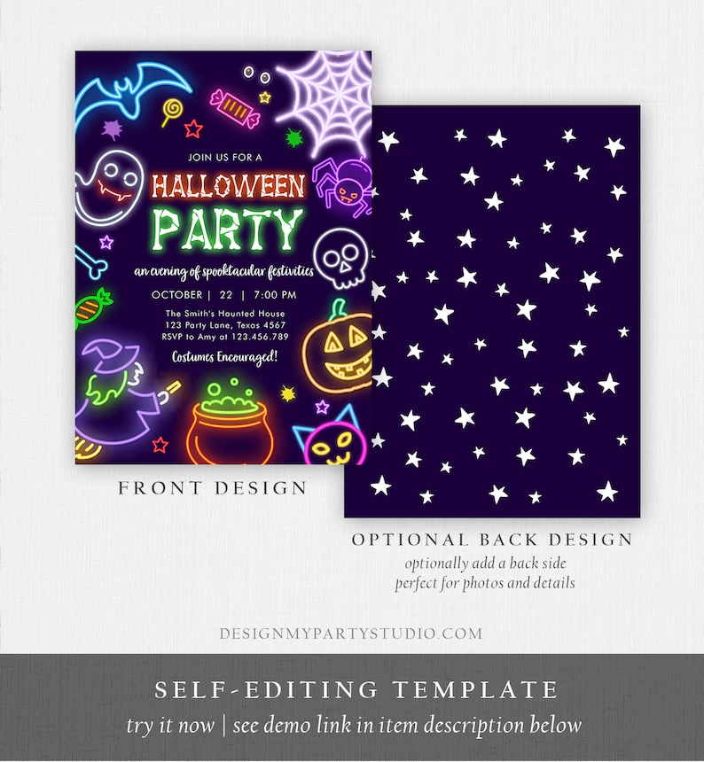 May include: Halloween party invitation with a neon design. The front features a bat, ghost, spiderweb, candy, skull, pumpkin, witch, cauldron, and cat. The back has white stars on a dark purple background. Text includes "Halloween Party" and event details.