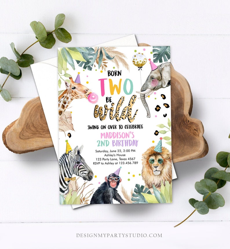 Editable Birthday Invitation Girl Born Two Be Wild Party Animals Invite Safari Zoo Birthday Download Printable Template Digital Corjl 0417 image 1