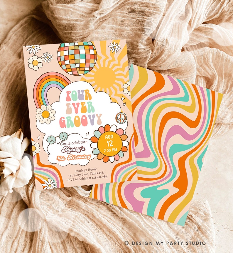 Editable Four Ever Groovy Birthday Invitation 4th Birthday Retro ...