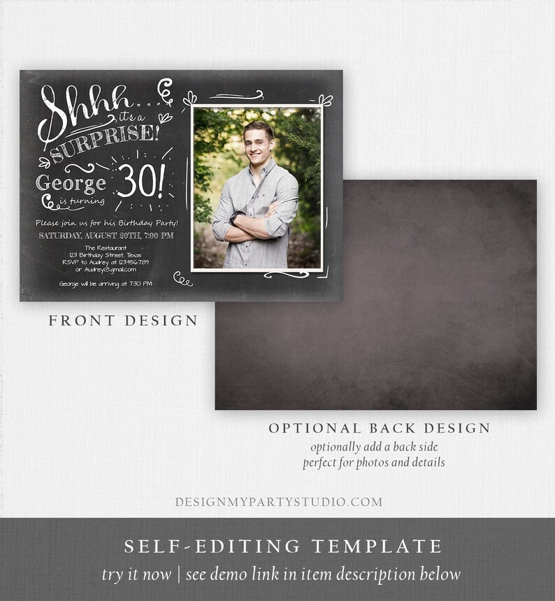 Editable ANY AGE Surprise Birthday Invitation Chalk Rustic Adult 30th Thirty Vintage Party Photo Shhh Download Printable Corjl Template 0102 image 4