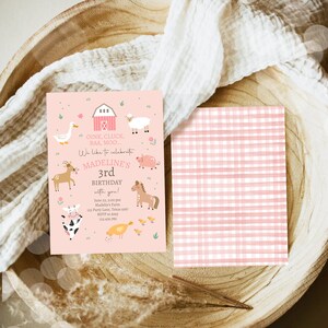 May include: Pink and green farm-themed birthday invitation with a red barn, a cow, a pig, a horse, a sheep, a duck, a deer, and chicks. The text reads "Oink, Cluck, BAA, MOO... We like to celebrate Madeline's 3rd Birthday with you!" June 22, 2:00 pm Madelin's Farm 143 Party Lane, Texas 4567 RSVP to Amy 123.456.789