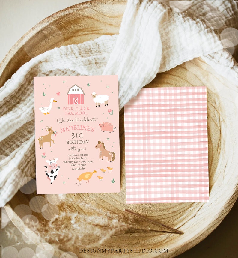 May include: Pink and green farm-themed birthday invitation with a red barn, a cow, a pig, a horse, a sheep, a duck, a deer, and chicks. The text reads "Oink, Cluck, BAA, MOO... We like to celebrate Madeline's 3rd Birthday with you!" June 22, 2:00 pm Madelin's Farm 143 Party Lane, Texas 4567 RSVP to Amy 123.456.789
