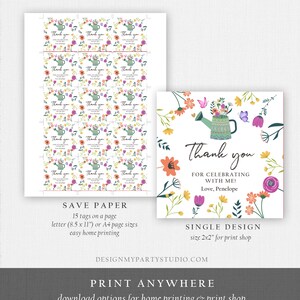 May include: Printable thank you tags featuring a green watering can with flowers and butterflies. The text reads "Thank you for celebrating with me! Love, Penelope".  The tags are designed for easy home printing and come in a single design, 2x2 inches, for print shops.