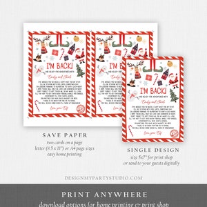 May include: Christmas-themed printable cards with the text "I'M BACK!" and festive illustrations. The design includes reindeer, Santa, snowmen, and candy canes. Available in two sizes: letter and 5x7 inches. The cards are designed by DesignMyPartyStudio.com.