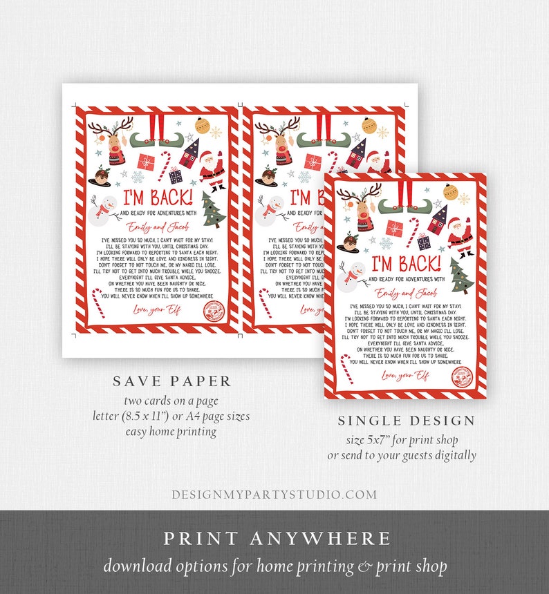 May include: Christmas-themed printable cards with the text "I'M BACK!" and festive illustrations. The design includes reindeer, Santa, snowmen, and candy canes. Available in two sizes: letter and 5x7 inches. The cards are designed by DesignMyPartyStudio.com.