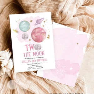 Editable Two the Moon 2nd Birthday Invitation Girl Pink Space Two The Moon Second Birthday Galaxy Download Corjl Template Printable 0357