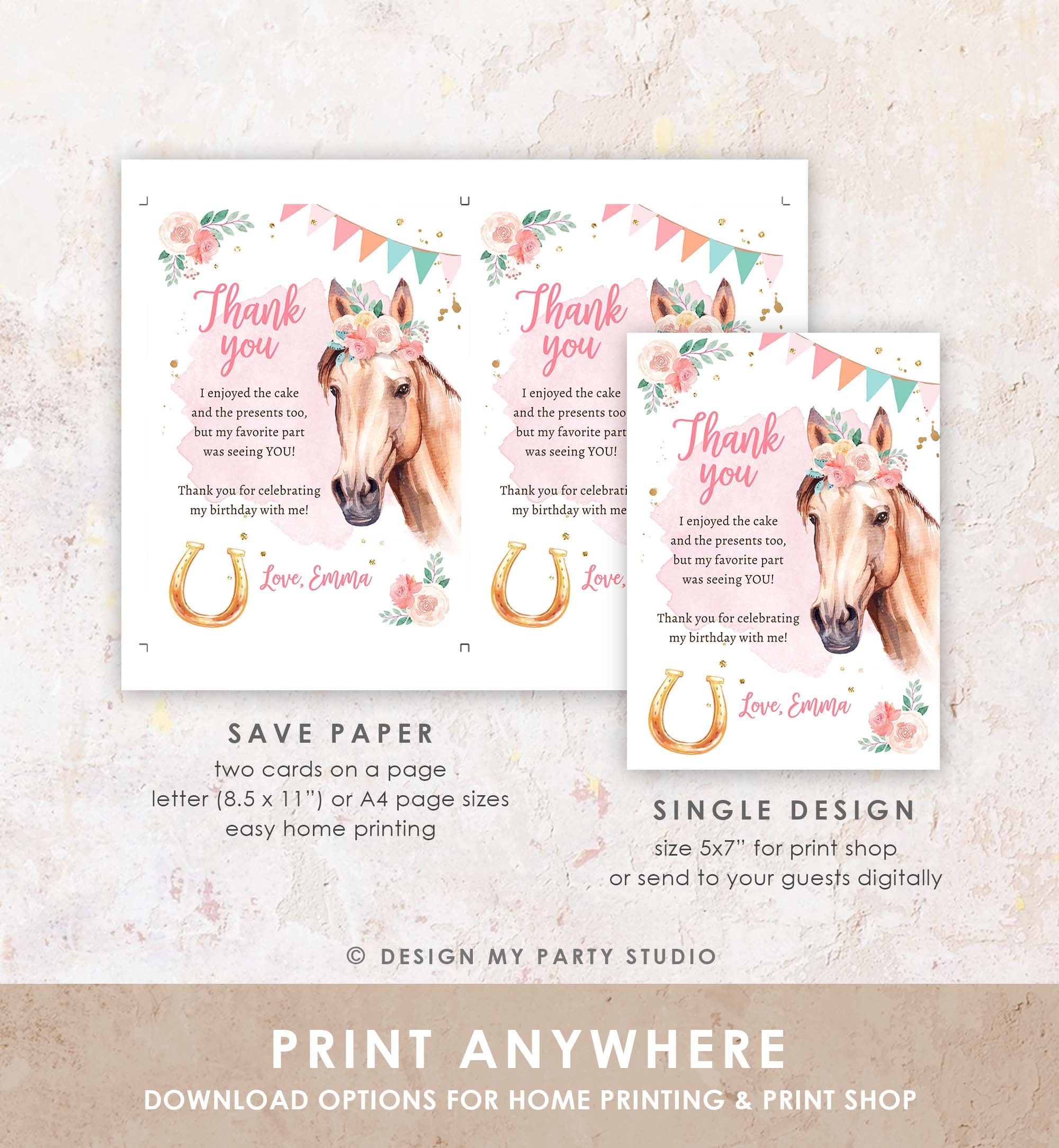 Editable Horse Birthday Thank You Card Card Girl Horse Party Cowgirl ...