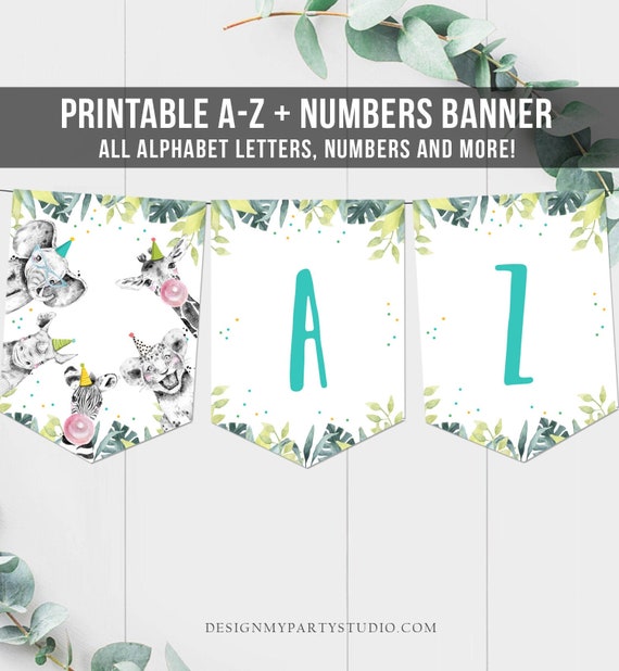 safari party animals birthday banner a z alphabet numbers banner first happy birthday banner boy neutral safari animals decor printable 0322 by design my party studio catch my party