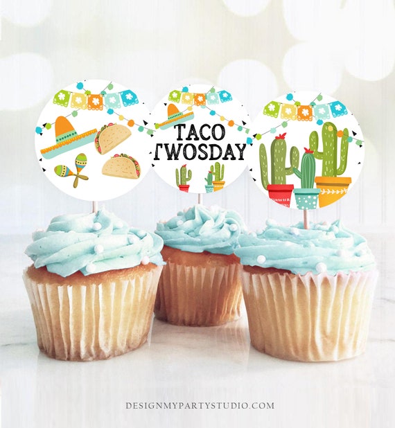 Fiesta Cupcake Toppers Taco Twosday Favor Tags Birthday Party