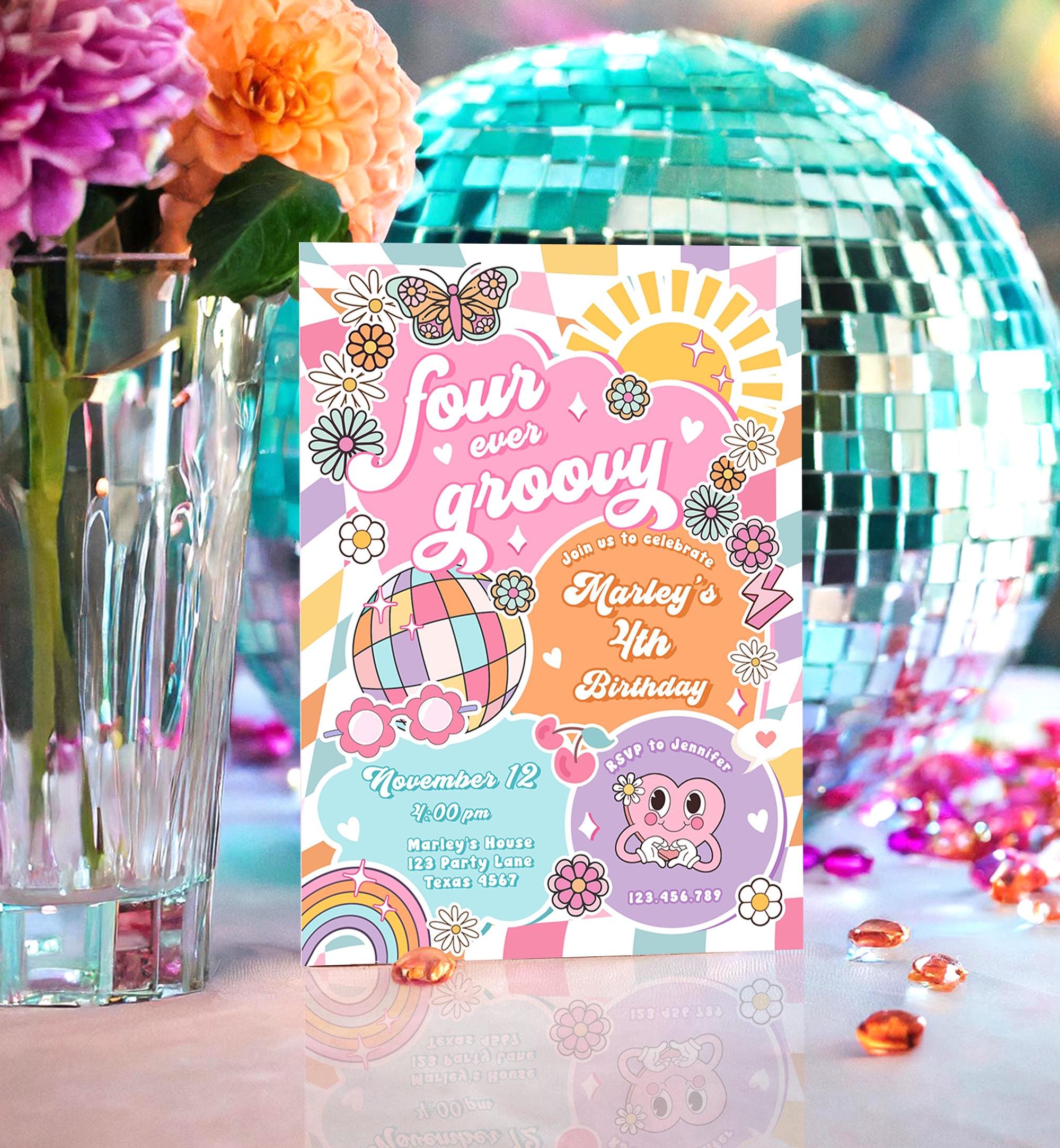 Editable Four Ever Groovy 4th Birthday Party Invitation Groovy Hippie ...