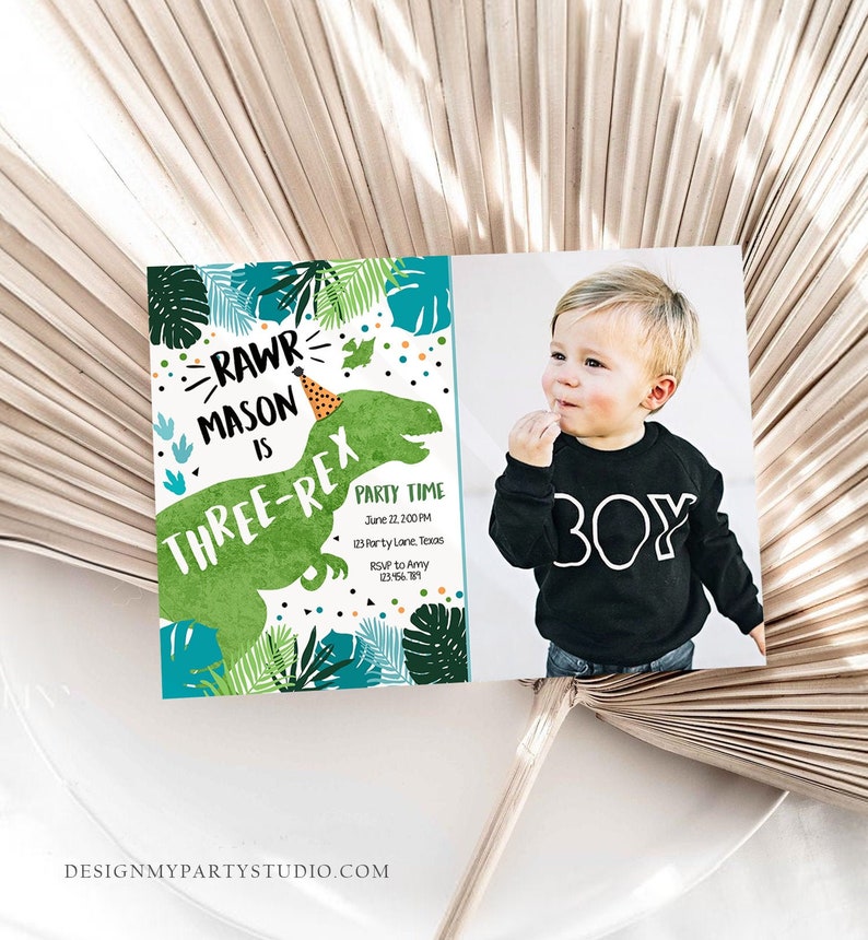 Editable ThreeRex Dinosaur Birthday Invitation Dino TRex Third Birthday 3rd Rawr Boy Green Blue Prehistoric Printable Corjl