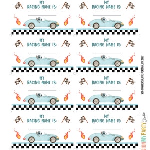 May include: Eight printable blue and white race car name tags with a chequered flag and flames. The text on the tags reads "My Racing Name Is:"