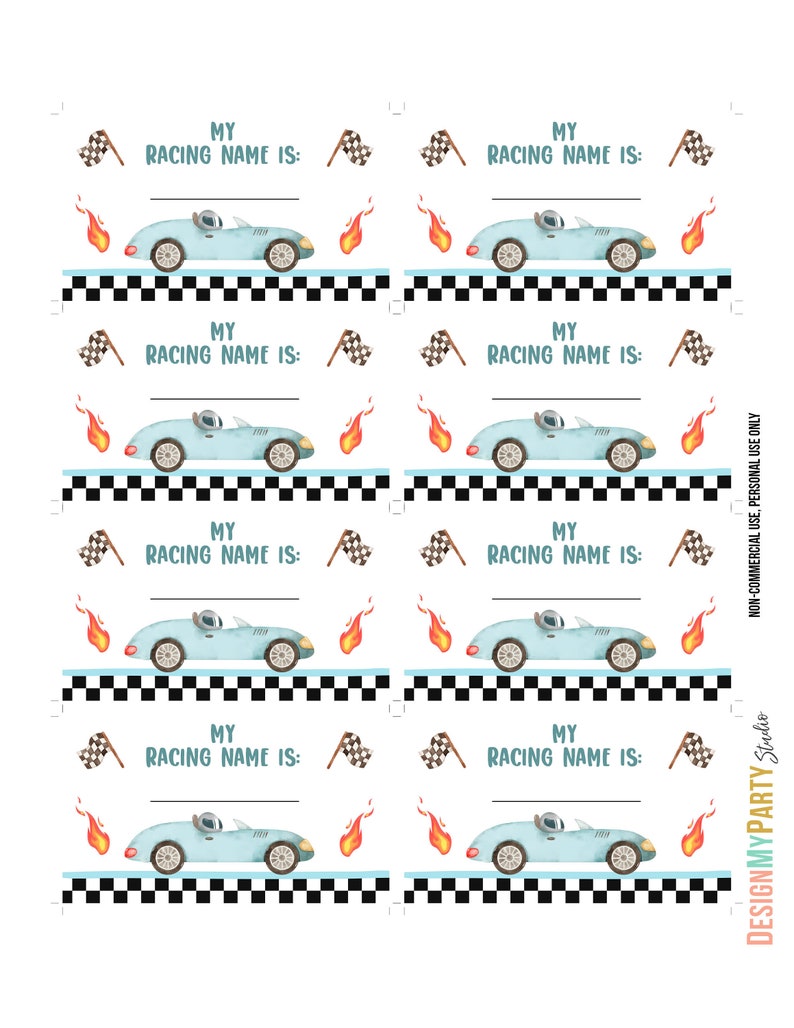 May include: Eight printable blue and white race car name tags with a chequered flag and flames. The text on the tags reads "My Racing Name Is:"