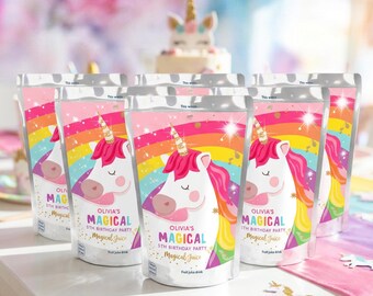 May include: A set of clear juice pouches featuring a colorful unicorn graphic with a gold horn, a rainbow background, and the printed text Olivia's Magical 5th Birthday Party Magical Juice. The pouches are arranged in a group on a white surface.