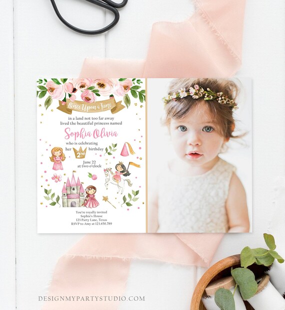 Editable Princess Birthday invitation Princess Party Girls Once Upon a Time Pink Gold Floral Download Printable Template Editable Corjl 0171 Il_570xn