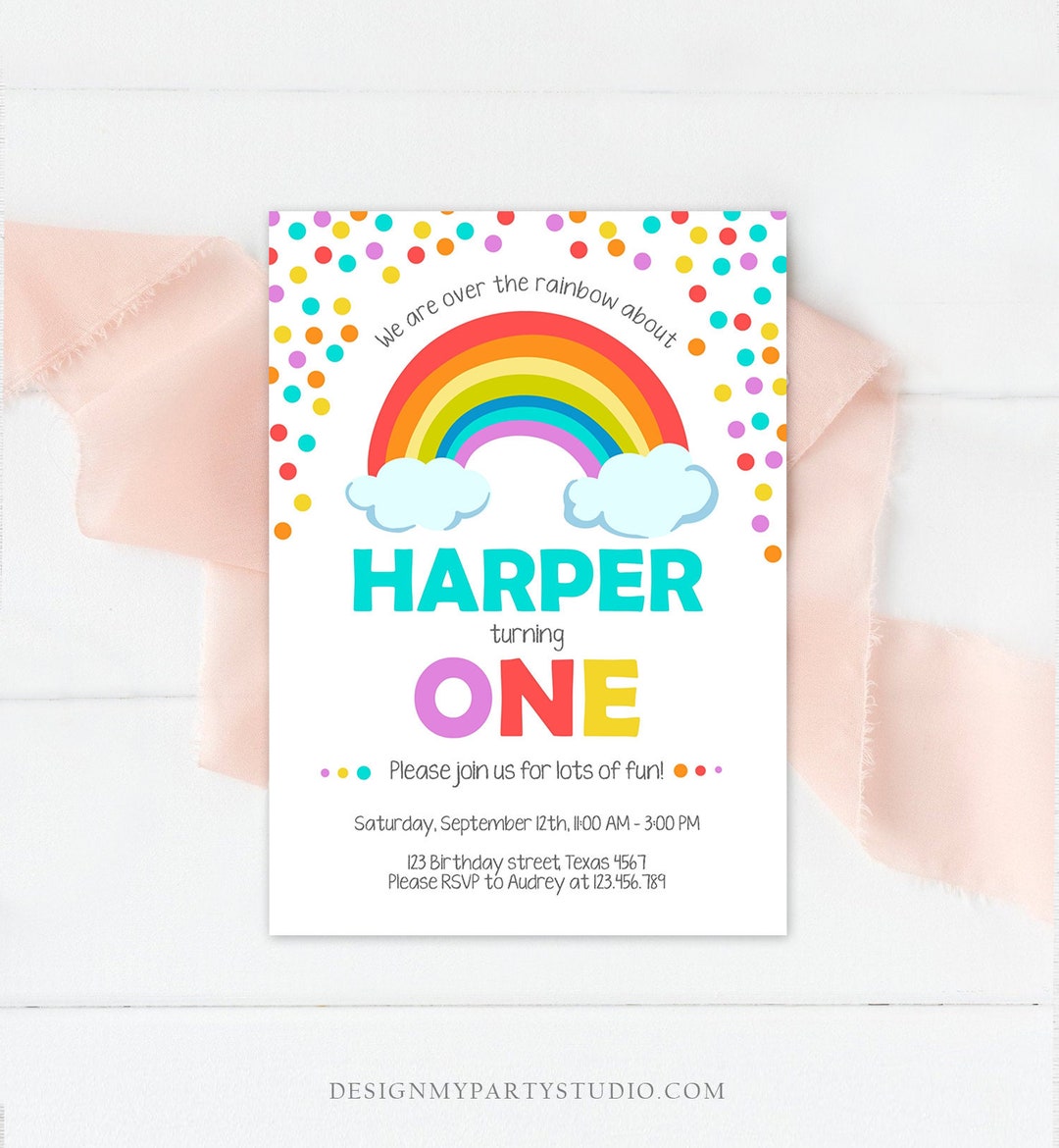 Editable Rainbow Birthday Invitation Kids Girl Boy Neutral Party Clouds