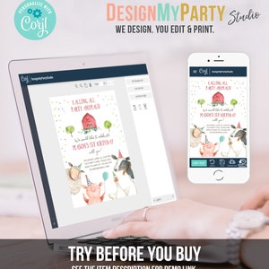 May include: A digital invitation for a farm-themed first birthday party. The invitation features a red barn, a pig, a cow, a sheep, and a goose. The text on the invitation reads "Calling all party animals! We would like to celebrate Mason's 1st birthday with you!"