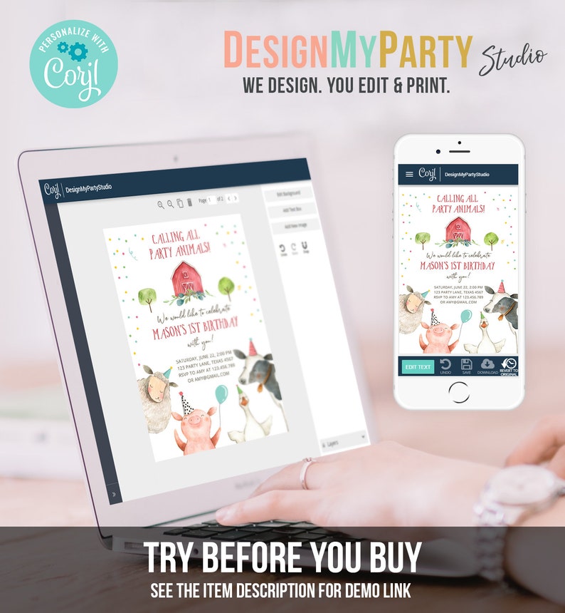 May include: A digital invitation for a farm-themed first birthday party. The invitation features a red barn, a pig, a cow, a sheep, and a goose. The text on the invitation reads "Calling all party animals! We would like to celebrate Mason's 1st birthday with you!"