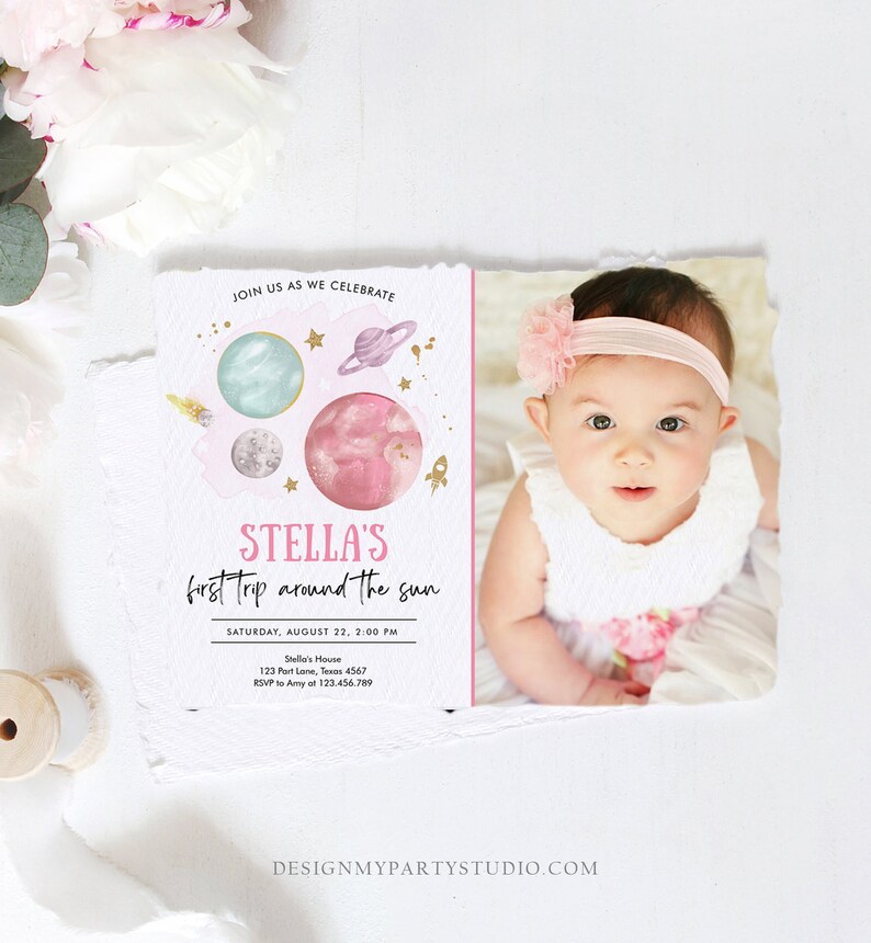 Editable Outer Space Girl First Birthday Invitation Galaxy Blast Off First Trip Around the Sun Pink Download Printable Template Corjl 0357 image 4