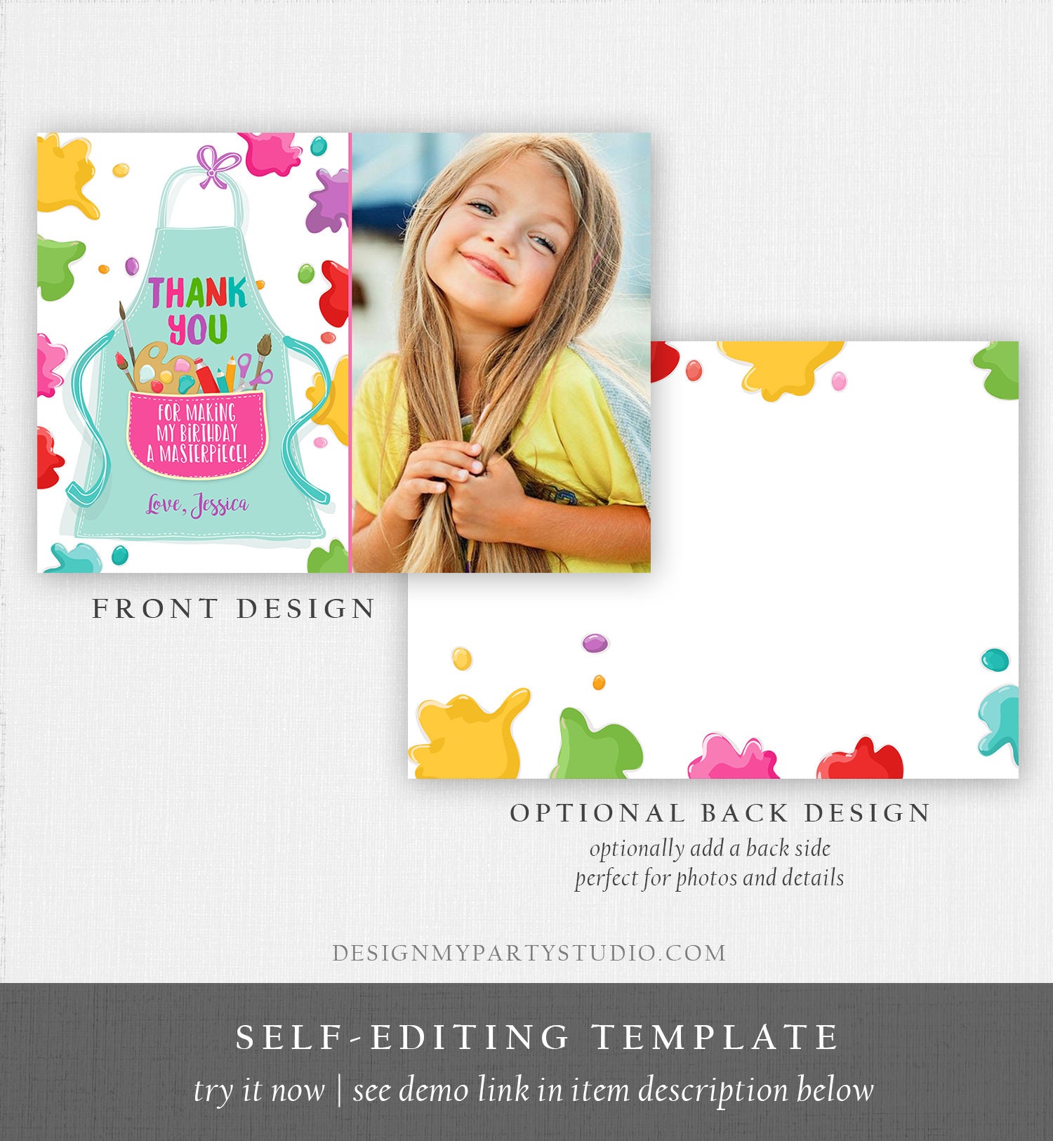 Editable Art Party Thank You Card Girl Boy Birthday Painting Crafting ...