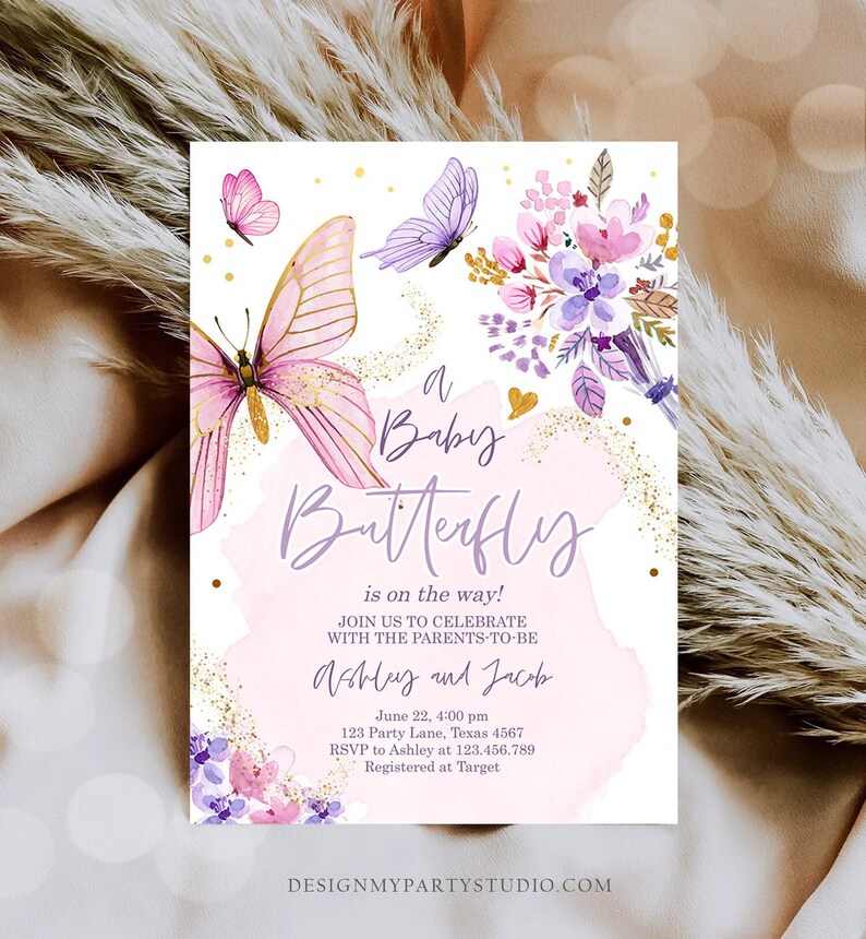 Redigerbar fjärilsbabyshowerinbjudan Lila fjäril på väg Blommig rosa guldflicka Digital nedladdning Evite-mall Utskrivbar 0437 bild 2