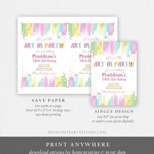 K&ouml;nnte beinhalten: Eine farbenfrohe Einladung zu einer 10. Geburtstagsfeier mit dem Text "Let's put the art in party!" und "Maddison's 10th Birthday". Die Einladung hat einen Aquarellhintergrund mit Regenbogenfarben und goldenem Glitzer. Die Einladung ist in zwei Gr&ouml;&szlig;en erh&auml;ltlich: 8,5 x 11 Zoll zum Ausdrucken zu Hause oder 5 x 7 Zoll f&uuml;r Druckereien.