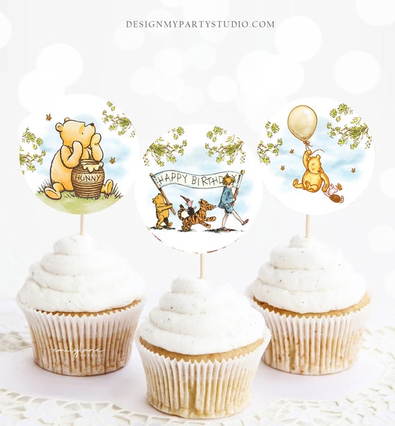 Classic Winnie The Pooh Birthday Cupcake Toppers Pooh Favor Tags Pooh Party Decor 1st Gender Neutral Rustic Download Digital PRINTABLE 0425 Il_570xn