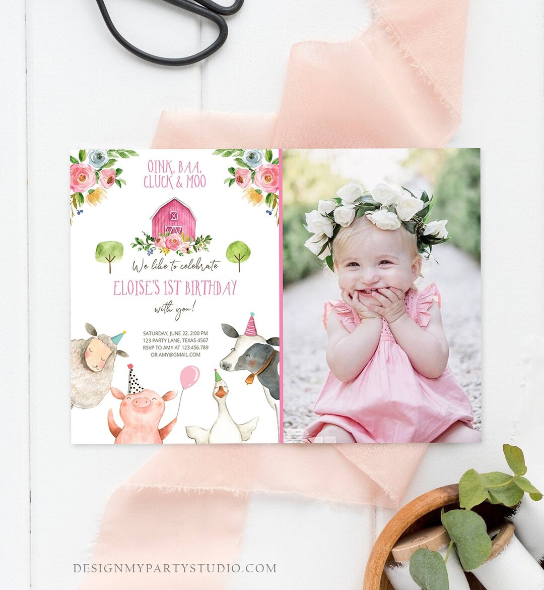 Editable Farm Birthday Invitation Girl Farm Animals Pink Floral ...