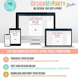 May include: A digital design for a baby shower bingo game, displayed on a smartphone, tablet, desktop computer, and laptop. The design features a pink and white strawberry theme. Text includes "Baby Bingo" and instructions. The image also shows instructions for editing and downloading.