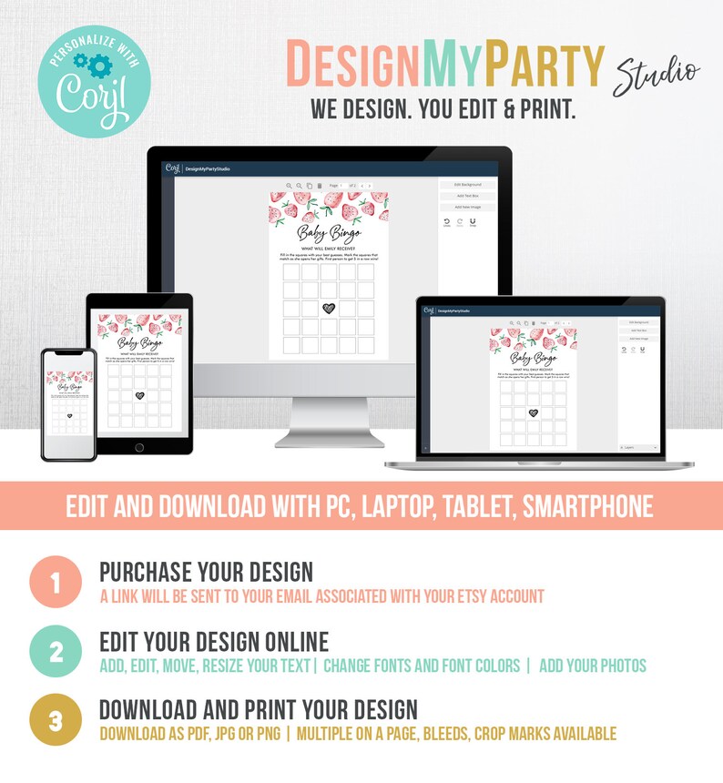 May include: A digital design for a baby shower bingo game, displayed on a smartphone, tablet, desktop computer, and laptop. The design features a pink and white strawberry theme. Text includes "Baby Bingo" and instructions. The image also shows instructions for editing and downloading.