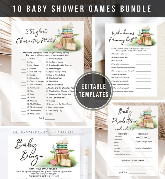 Editable Storybook Baby Shower Games Bundle Book Baby Shower