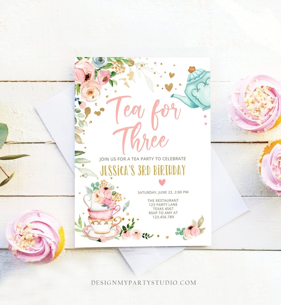 Editable Tea for Three Birthday Invitation Girl Tea Party Invite Pink Gold Floral 3rd Birthday Par-tea Download Printable Corjl 0349 Il_570xn