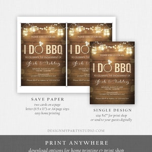 May include: Rustic wood background with a string of lights and mason jars. The text "I Do BBQ" is written in white with a diamond ring graphic. The text "To Celebrate the Engagement of Josh & Ashley" is written in white. The date, time, and location of the event are listed below. The text "Please RSVP to Ashley at 123456789" is written in white at the bottom of the invitation.
