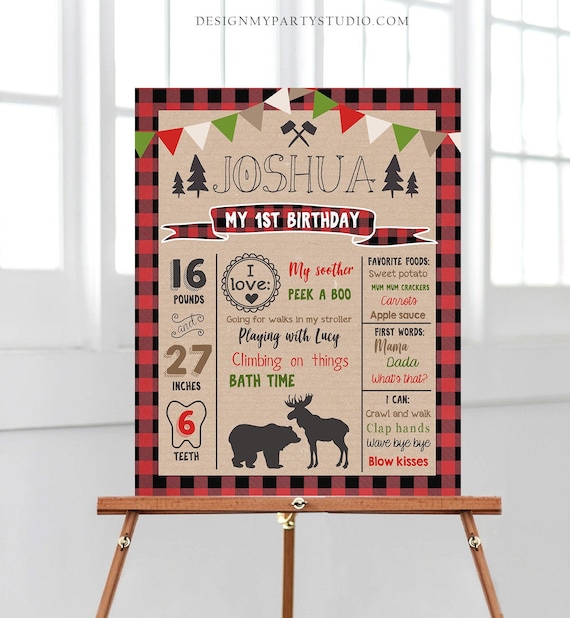 Editable Lumberjack Birthday Milestones Sign Lumberjack Birthday Chalkboard Plaid 1st Birthday Bear Moose Template Printable Corjl 0026 Il_570xn