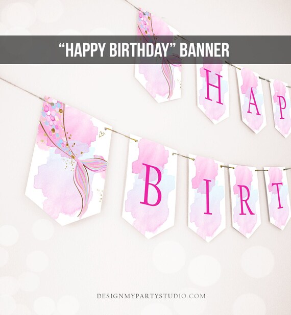 Mermaid Happy Birthday Banner Mermaid Birthday Decor Gold Blush Pink Under The Sea Party Mermaid Tail Decor Instant Download Printable 0403 Il_570xn
