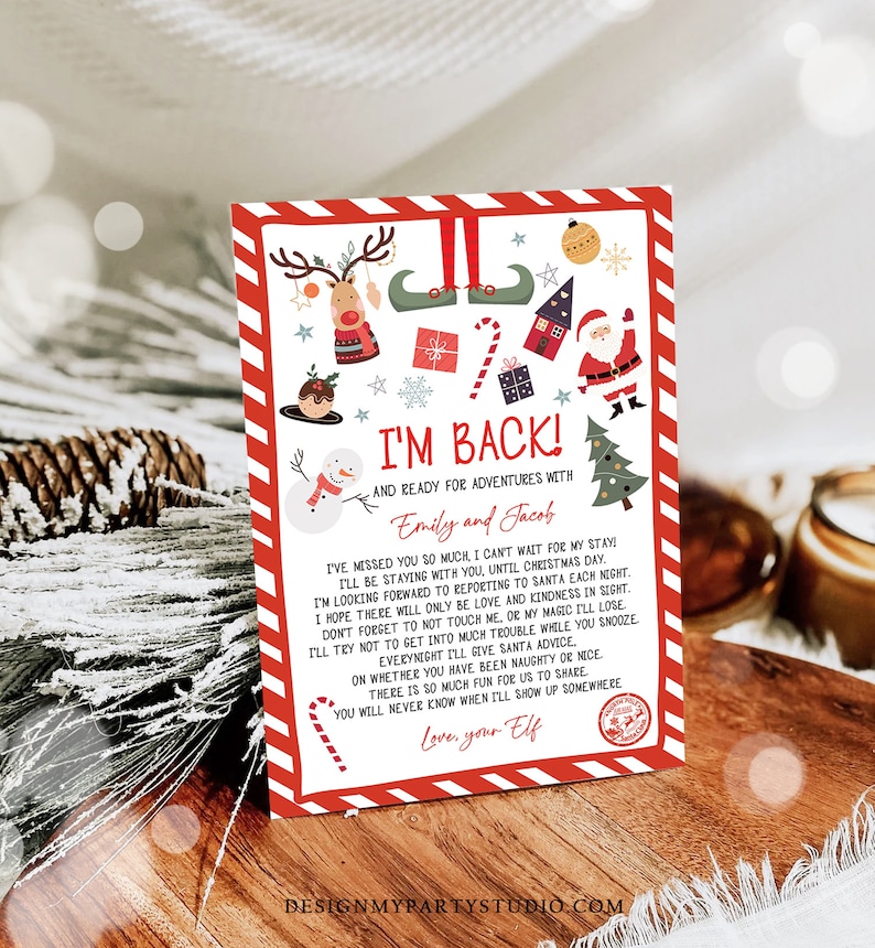May include: A festive Christmas card with a red and white border, featuring holiday illustrations of a reindeer, elf shoes, Santa, and a snowman. The card reads "I'm Back!" and includes a personalized message.