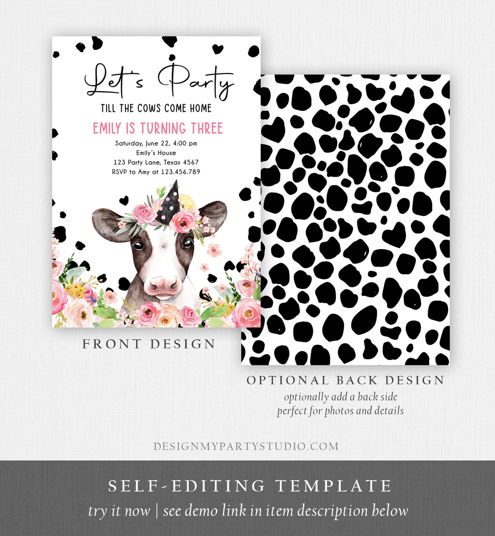 Editable Cow Birthday Invitation Girl Farm Animals Let's Etsy