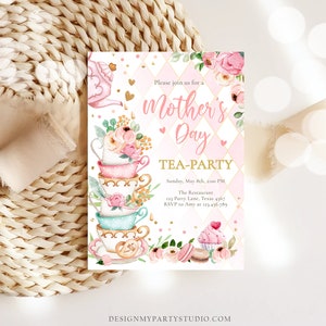 May include: Pink and gold Mother's Day tea party invitation with a stack of teacups, flowers, and a cupcake. The text reads "Please join us for a Mother's Day Tea-Party, Sunday, May 8th, 2:00 PM. The Restaurant, 123 Party Lane, Texas 4567. RSVP to Amy at 123-456-789."