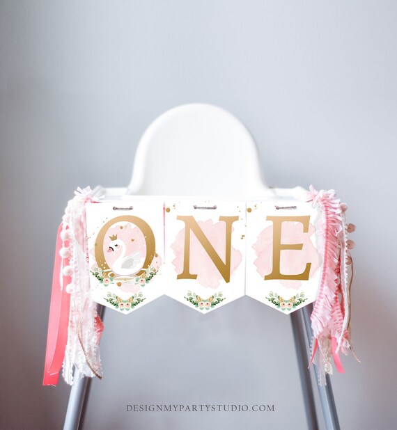Princess Swan High Chair Banner Swan 1st First Birthday Girl Pink Gold Swan High Chair ONE Banner Party Swan Decor PRINTABLE Digital 0382 Il_570xn