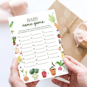 Juego de nombre de bebé editable, juego de baby shower, tarjeta de nombre, carrera de nombres, mercado de agricultores Little Sprout, cultivo local, descarga digital, plantilla imprimible 0544
